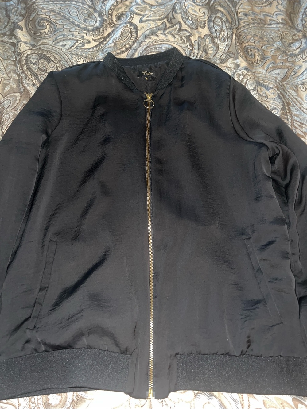 Cupio Black Bomber Jacket with Gold Ring-Zip